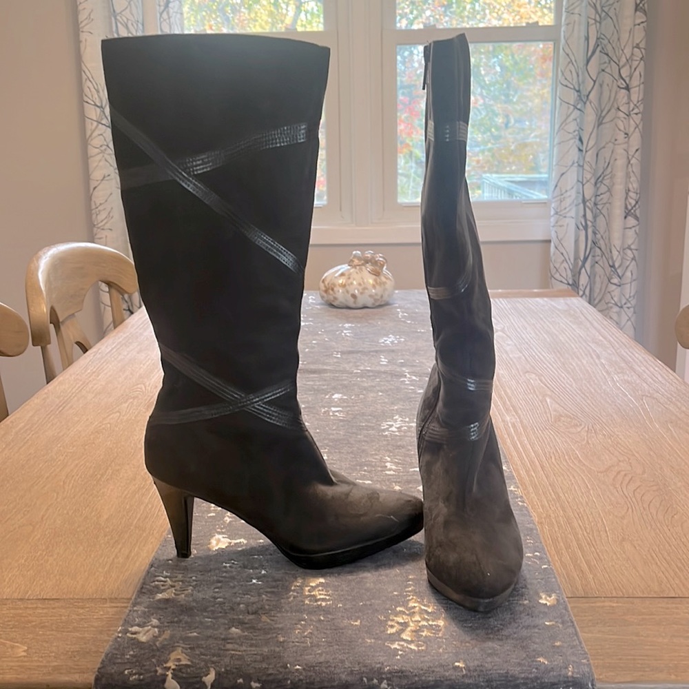 Gray suede knee high boots
